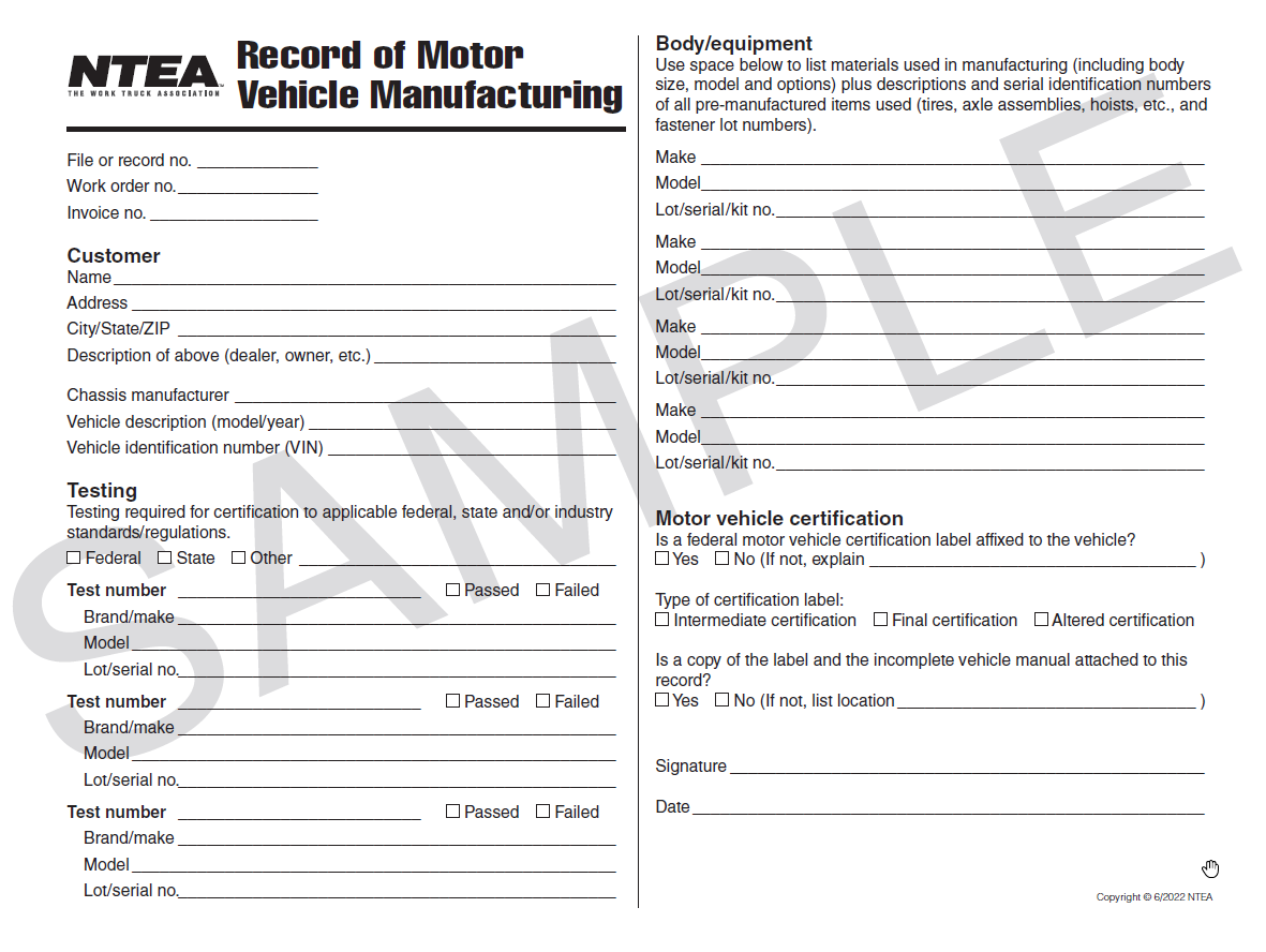 Record of Motor Vehicle Manufacturing (sample form)