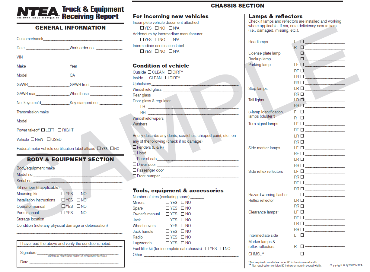 Truck & Equipment Receiving Report (sample form)