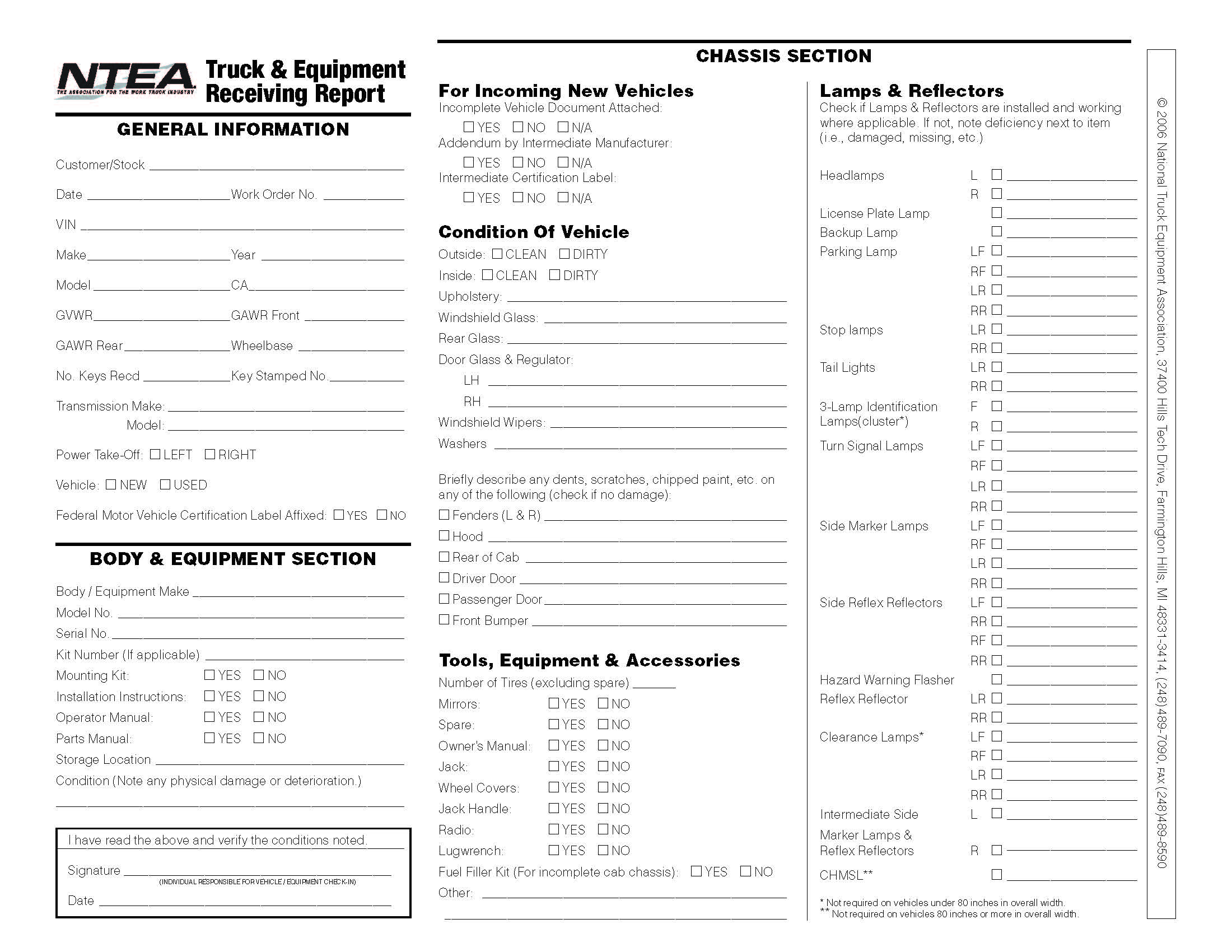 Truck & Equipment Receiving Report (sample form)