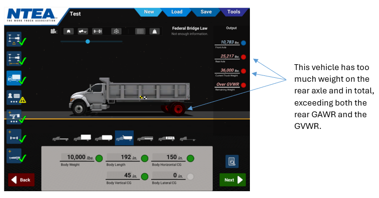 Screenshot of NTEA's Center of Gravity Axle Weight Calculator showing outputs