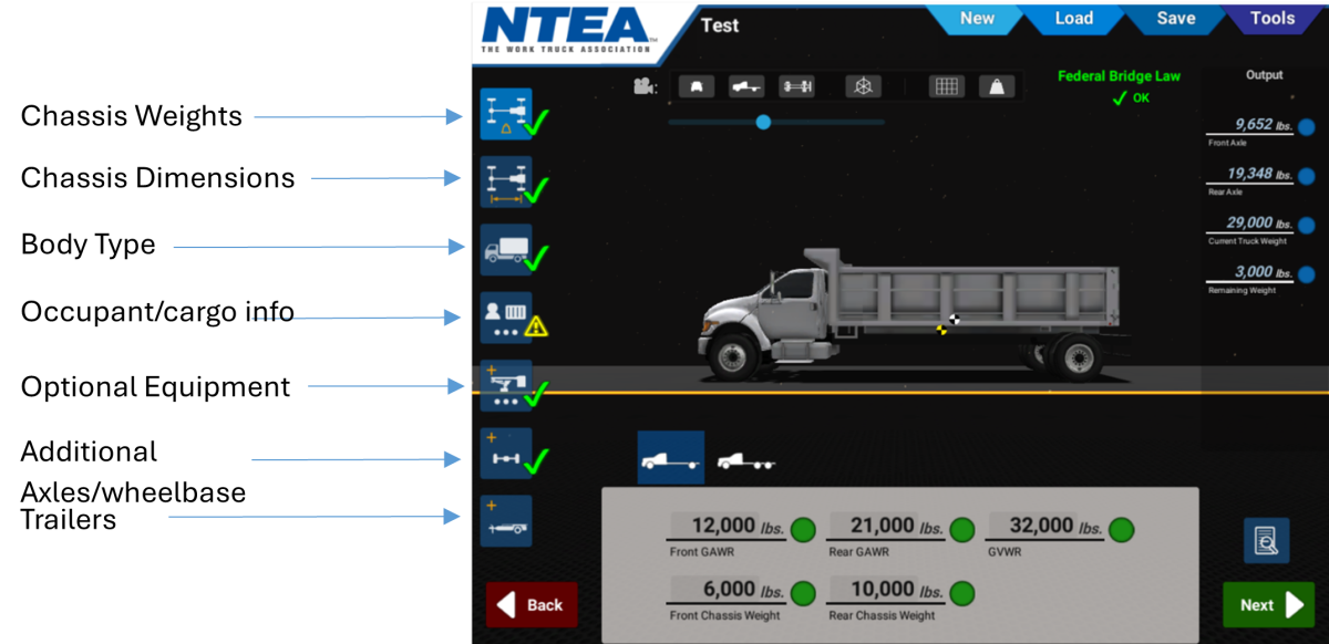 Screenshot of NTEA's Center of Gravity Axle Weight Calculator showing inputs